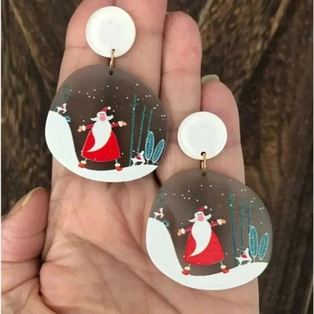 Large Lucite Santa Clause Snowscape Drop Art Earrings NWT